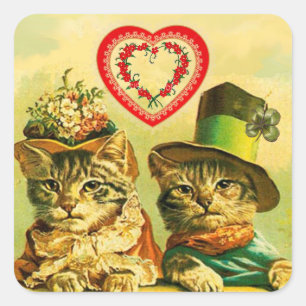 FUNNY VALENTINE'S DAY CATS WITH RED FLORAL HEART SQUARE STICKER