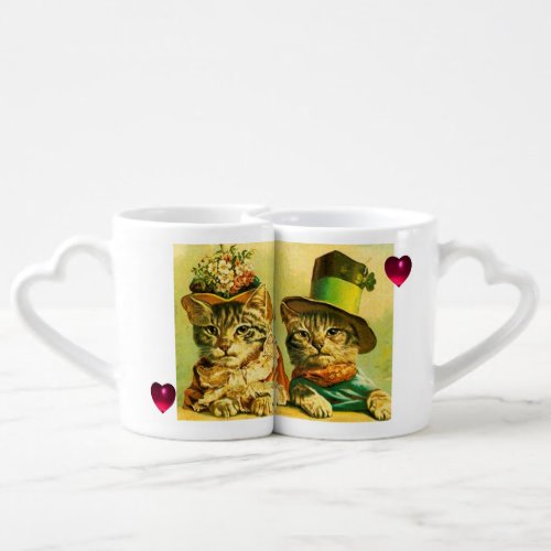 FUNNY VALENTINES DAY CATS WITH RED RUBY HEARTS COFFEE MUG SET