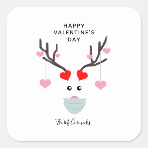 Funny Valentines Day Deer Wearing Face Mask Family Square Sticker