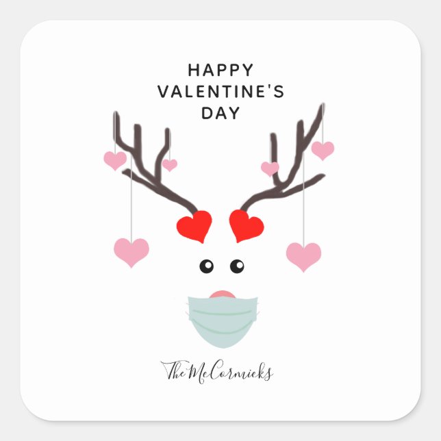 Funny Valentines Day Deer Wearing Face Mask Family Square Sticker (Front)