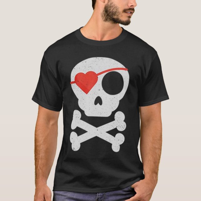 Funny Valentine's Day Heart Pirate Skull & Bones T-Shirt (Front)