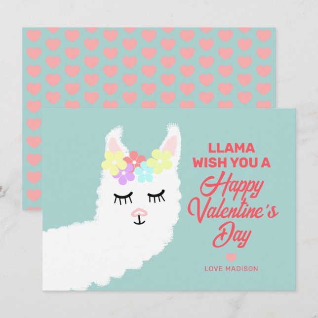 Funny Valentines Day Llama Pun Kids Classroom Holiday Card (Front/Back)