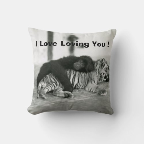 Funny Valentines Day Monkey and Tiger Throw Pillow