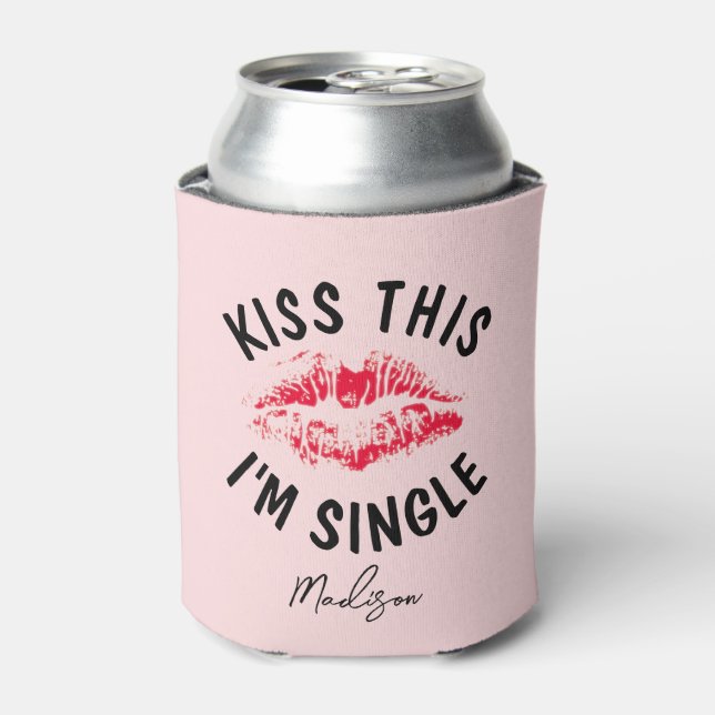 Funny Valentines Day Pink Red Kiss Personalized Can Cooler (Can Front)
