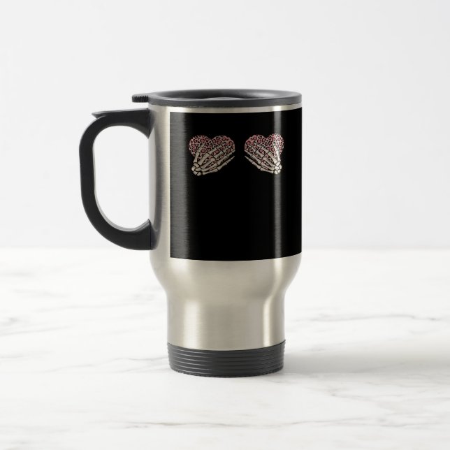 Funny Valentines Day Skeleton Hands Hearts Girl Travel Mug (Left)