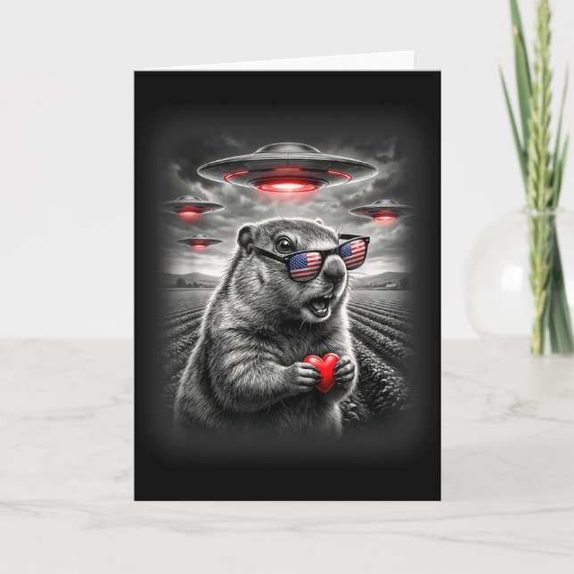 Funny Valentines Groundhog Heart Selfie Alien Ufo  Card (Front)