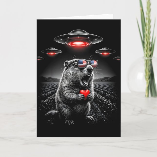 Funny Valentines Groundhog Selfie Alien Ufo Usa Fl Card (Front)