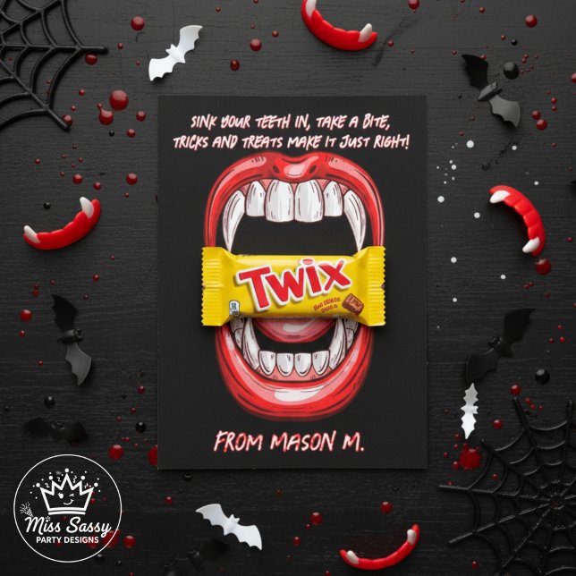 Funny Vampire Bite Halloween Candy Gram Note Card (Vampire Halloween card with vampire mouth holding a Twix bar, surrounded by spooky decorations.)