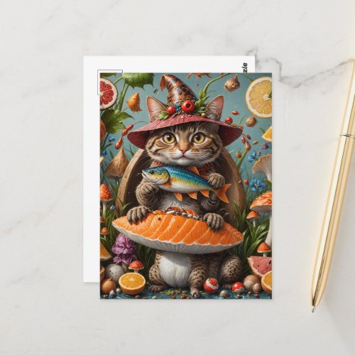 Funny Vampire Cat With a Fish on a Mushroom Postcard