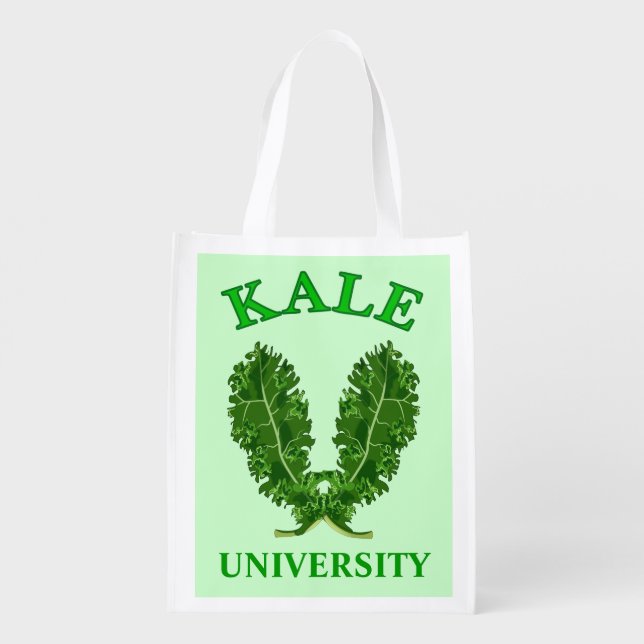 Funny Vegetarian or Vegan Kale University Green Grocery Bag (Back)