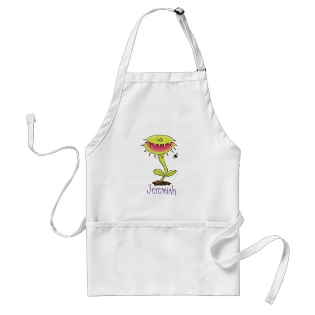 Funny Venus fly trap and fly cartoon illustration Adult Apron (Front)