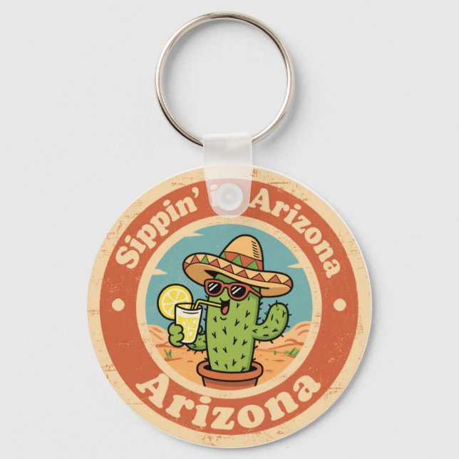 Funny Vintage Arizona Sippin Cactus Keychain (Front)