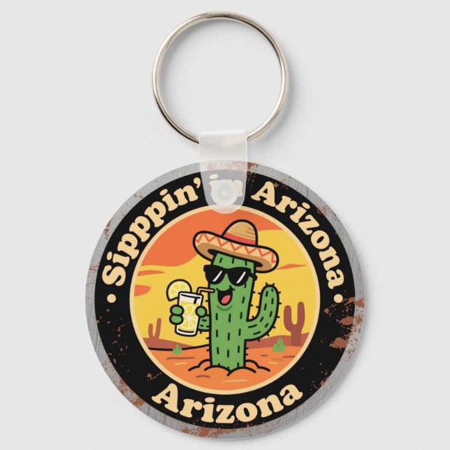 Funny Vintage Arizona Sippin Cactus Keychain (Front)