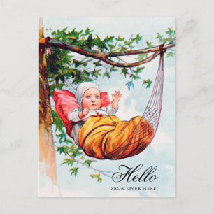 Funny Vintage Baby Waving Hi in Hammock Art Postcard