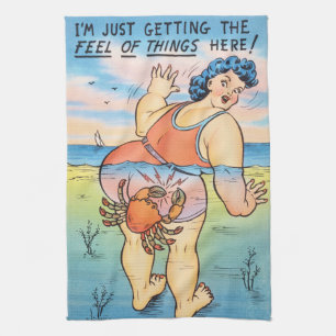 Funny Vintage Beach Humour Crab Attack Illustratio Kitchen Towel