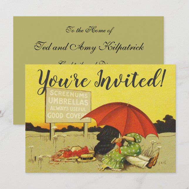 Funny vintage beach umbrella sweethearts invitation (Front/Back)