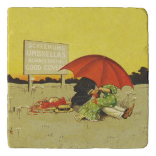 Funny vintage beach umbrella sweethearts trivet