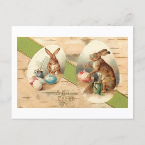 Funny Vintage Bunnies Painting Easter Eggs Holiday Postcard