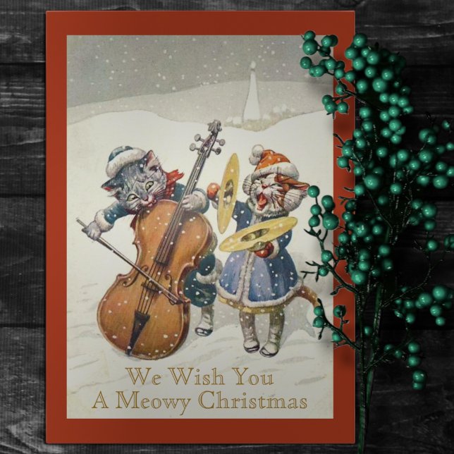 Funny Vintage Caroling Christmas Cats Cat Pun Flat Holiday Card (Creator Uploaded)