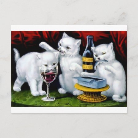 Funny Vintage Cat Party With Wine And Sardines Postcard