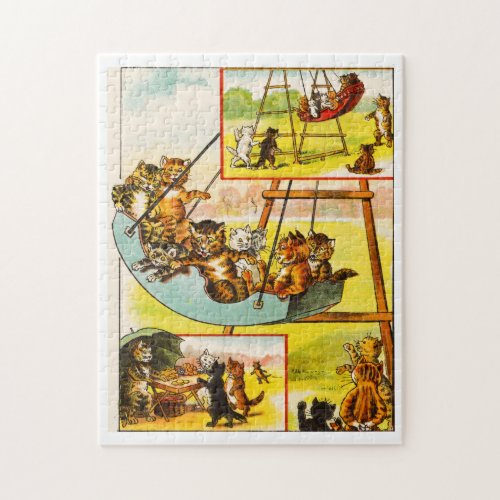 Funny Vintage Cats Frolicking on Playground Swing Jigsaw Puzzle