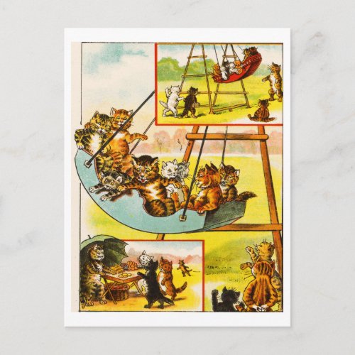 Funny Vintage Cats Frolicking on Playground Swing Postcard