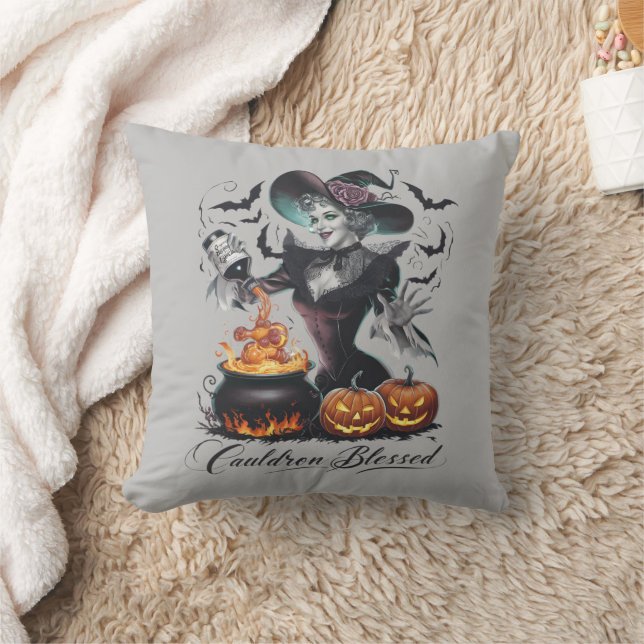 Funny Vintage Cauldron Blessed Witch Halloween Throw Pillow (Blanket)