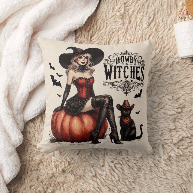 Funny Vintage Country Western Witch Halloween Throw Pillow (Blanket)