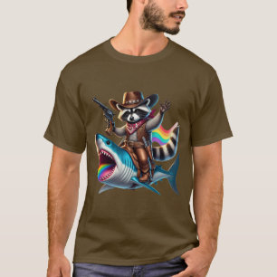 Funny Vintage Cowboy Raccoon Shark Rainbow Art T-Shirt
