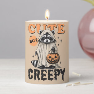 Funny Vintage Cute But Creepy Raccoon Halloween Pillar Candle