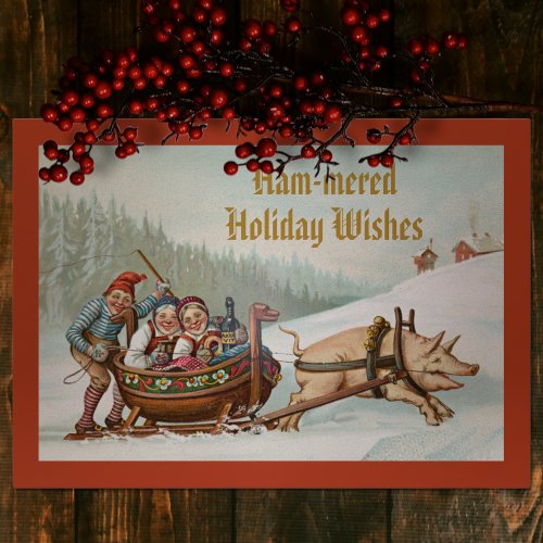 Funny Vintage Danish Christmas Drunk Pig Pun Flat Holiday Card