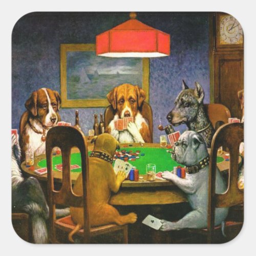 Funny Vintage Dogs Playing Poker Square Sticker