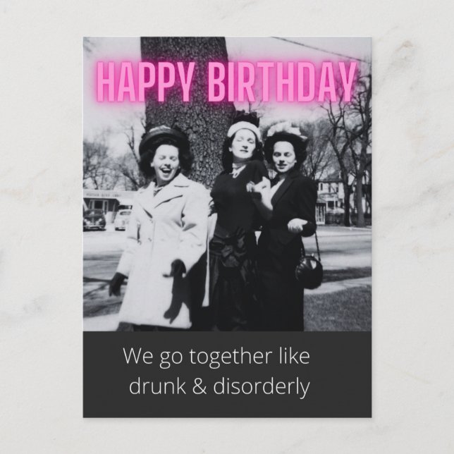 Funny Vintage Drunk & Disorderly Birthday Postcard (Front)