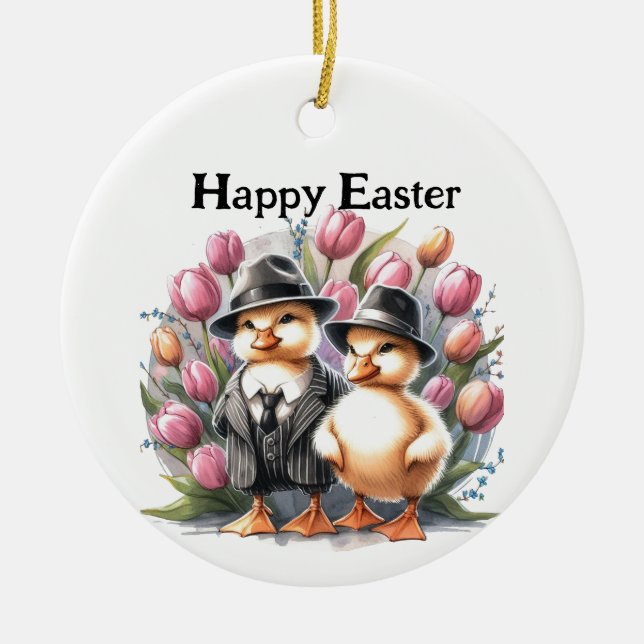 Funny Vintage Easter Ducklings in Suits Pink Tulip Ceramic Ornament (Front)