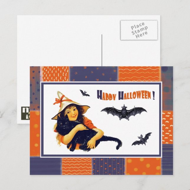 Funny Vintage Girl Halloween Postcard (Front/Back)