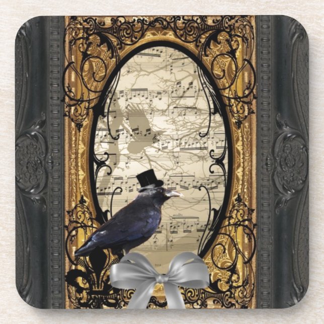 Funny vintage Gothic wedding crow Beverage Coaster (Front)