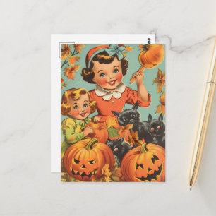 Funny Vintage Halloween Girls Postcard