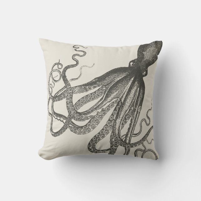 Funny Vintage Hand Drawn Octopus Throw Pillow (Front)