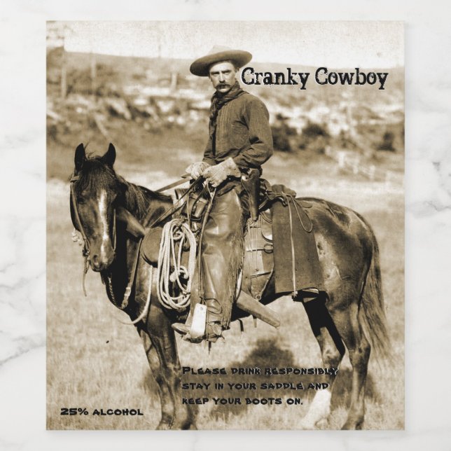 Funny Vintage Image Cranky Cowboy Wine Label (Single Label)