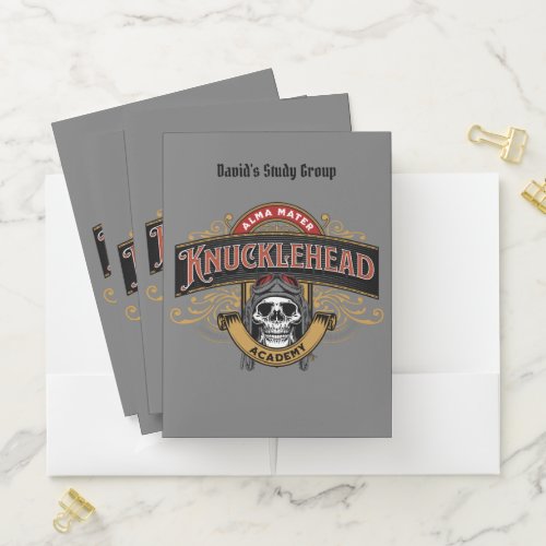 Funny Vintage Knucklehead Academy Skull   Pocket Folder