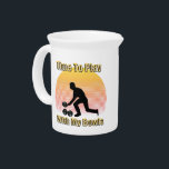 Funny Vintage Lawn Bowls Play Time, Pitcher<br><div class="desc">Pictured in a vintage inspired design is a lawn bowler bowling with the words time to play with my bowls in gold</div>