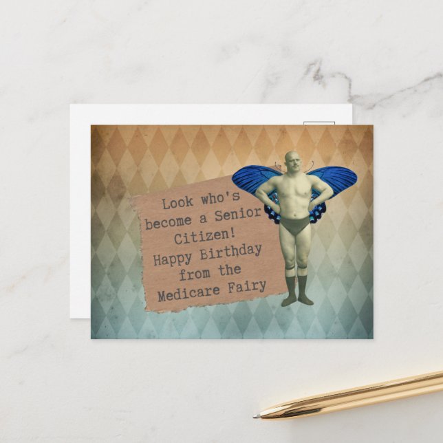 Funny Vintage Male Fairy Senior Birthday Postcard (Front/Back In Situ)