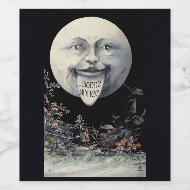 Funny Vintage Moon New Years Sparkling Wine Labels (Single Label)