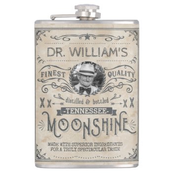 Funny Vintage Moonshine Hillbilly Medicine Custom Hip Flask by FunnyTShirtsAndMore at Zazzle
