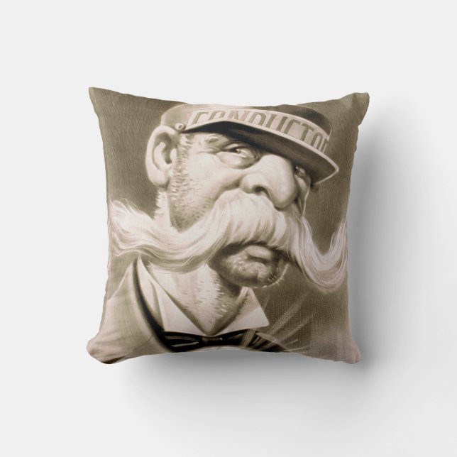 Funny vintage moustache conductor throw pillow (Front)