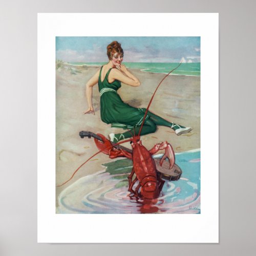 Funny Vintage Music Art Lobster Banjo Player Beach Poster