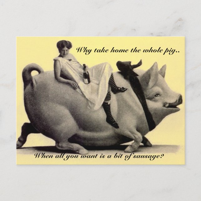 Funny vintage Postcard lady riding a pig why take (Front)