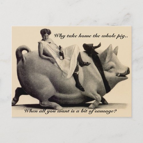 Funny vintage Postcard lady riding a pig why take