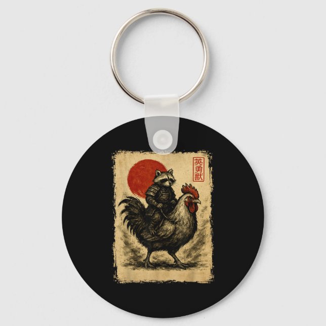 Funny Vintage Raccoon Rooster Chicken Japanese Uki Keychain (Front)