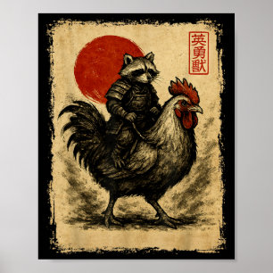 Funny Vintage Raccoon Rooster Chicken Japanese Uki Poster